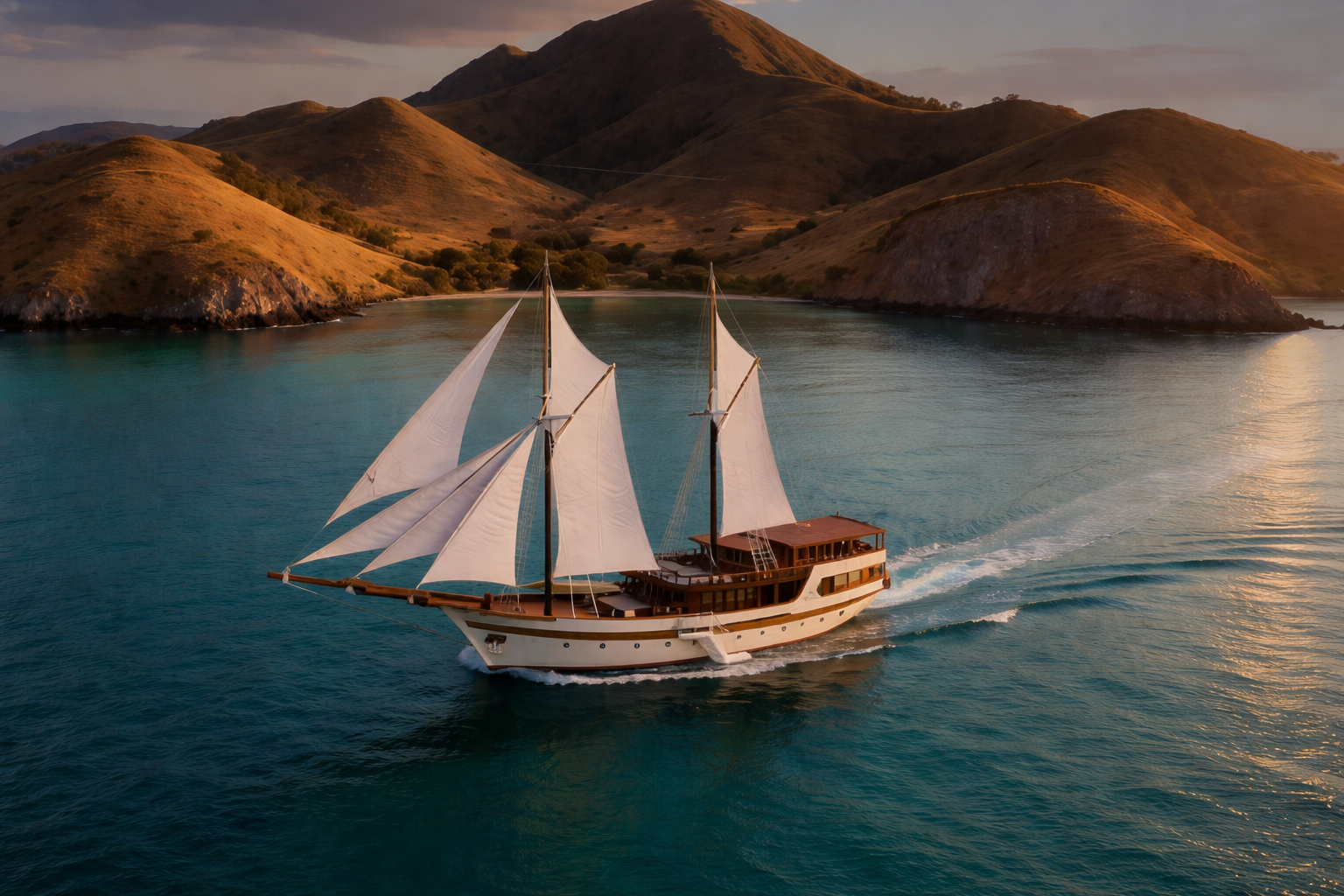 Phinisi Bhavana sailing at golden sunset past Indonesian islands with turquoise waters