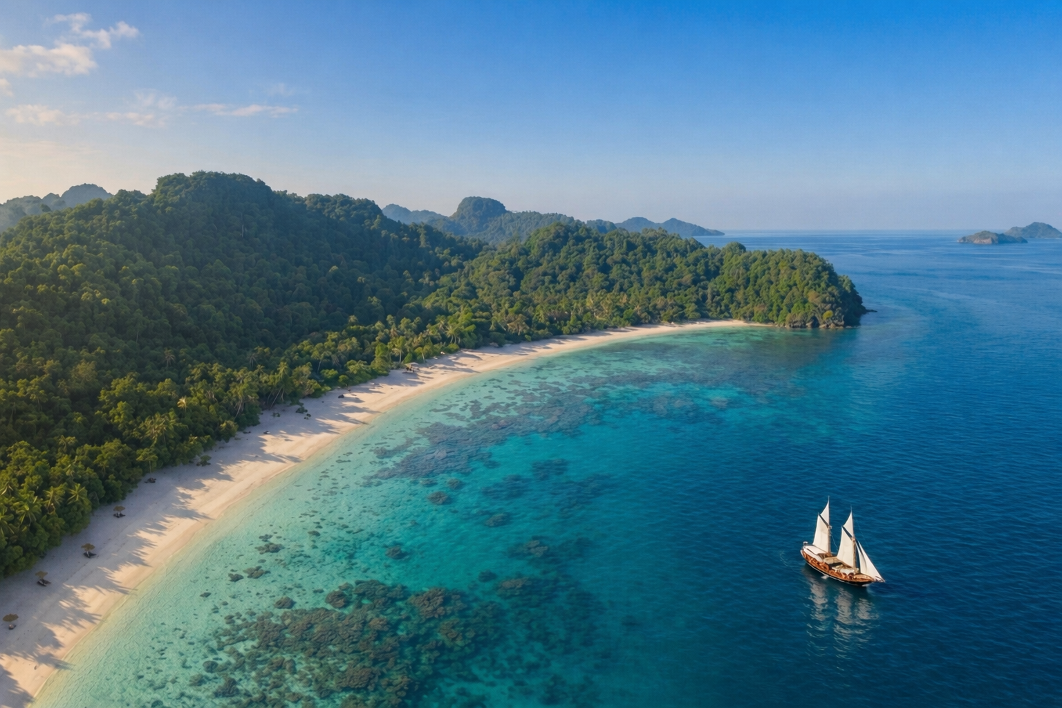 Phinisi Bhavana luxury yacht sailing near tropical Indonesian archipelago
