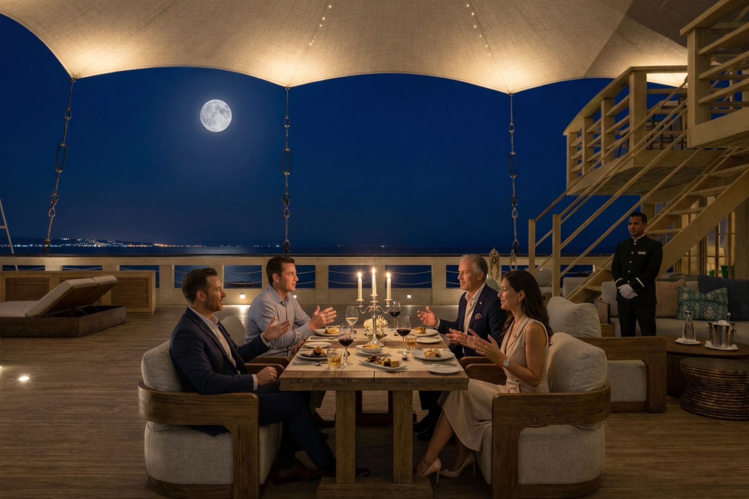 Elegant candlelit dinner on Phinisi Bhavana deck under the moonlight with butler service