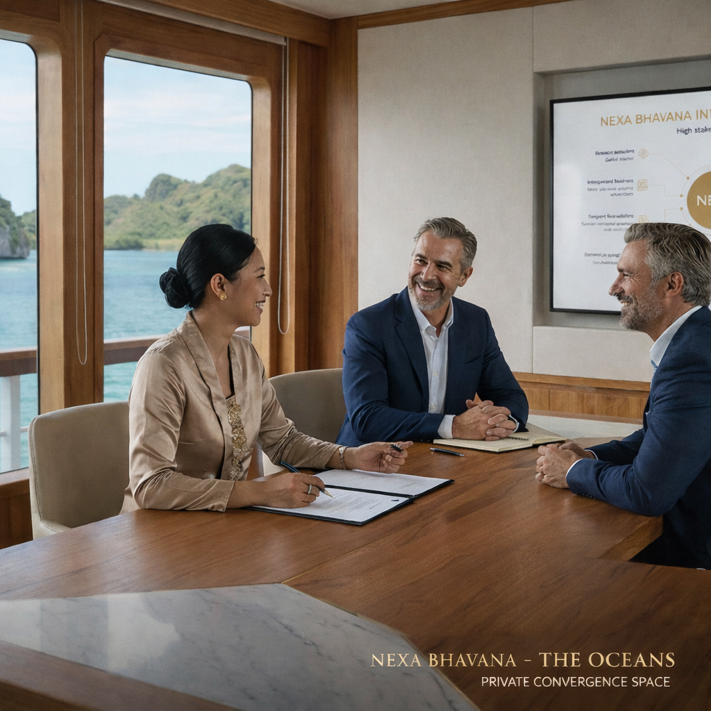 Private business meeting aboard Phinisi Bhavana with executives and ocean views